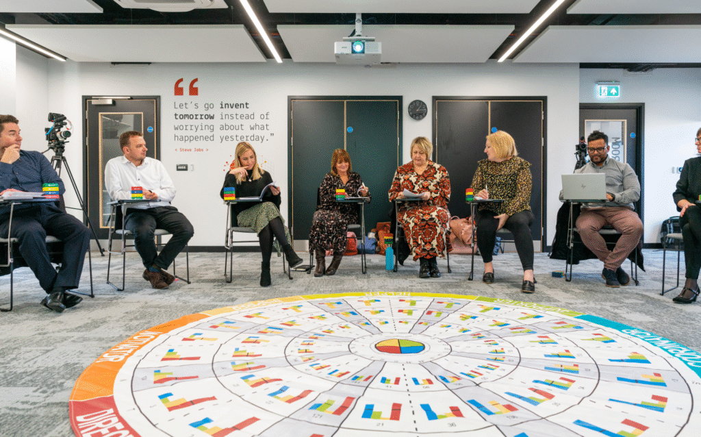 A group of people sit in a circle around a floor graphic that shows different personality types written around a circle